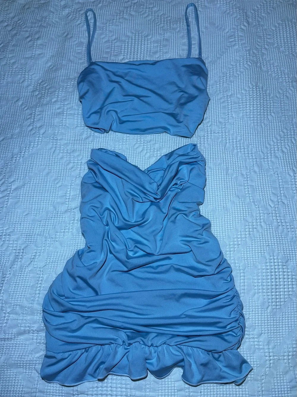 Amazon Light Blue Ruched Midi Skirt & Crop Top Set